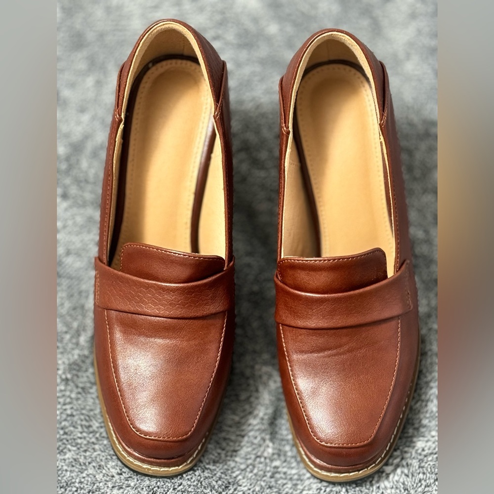 Chunky Heeled Loafer Pumps, Chocolate Brown Elegant Solid Color Loafers